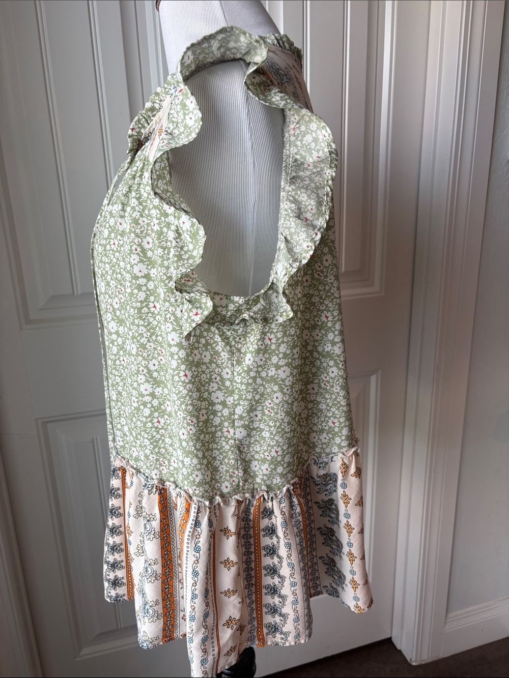 Boho Floral Ruffle Peplum Tunic - Sage Green - Picture 4 of 8